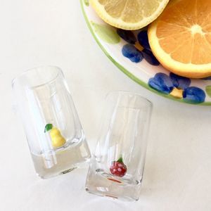 Set of 2 Shot Glasses with Handblown Fruit at Base